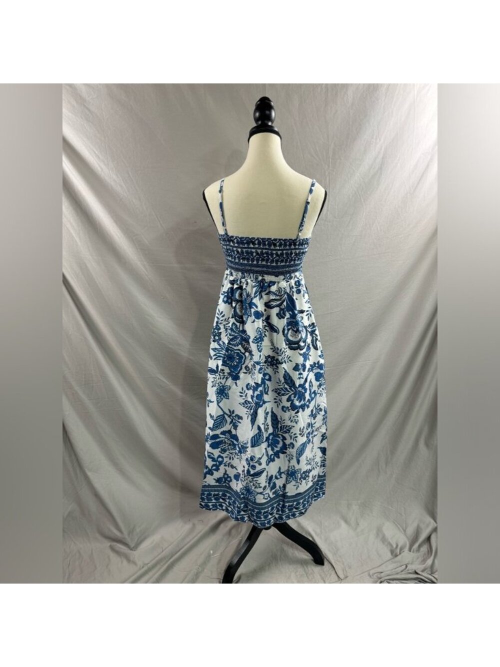 Blue/White Floral Spaghetti Strap Shirred Dress - Picture 8 of 8